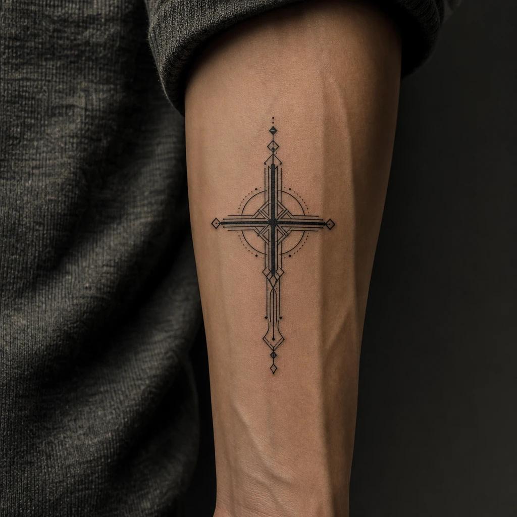 cross tattoo modern geometric cross, realistic photo on skin