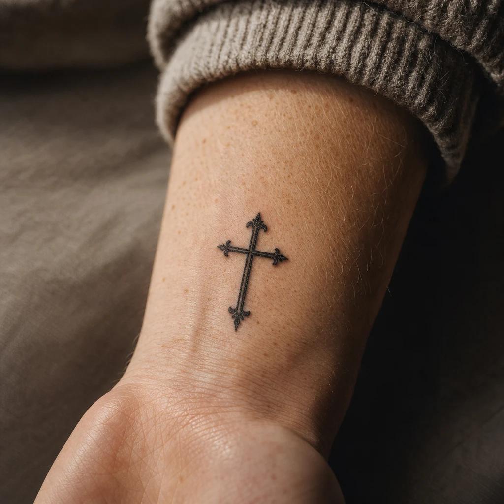 cross tattoo small wrist cross, realistic photo on skin