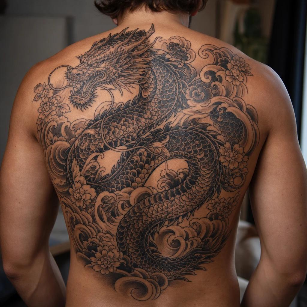 Japanese dragon back piece created with the tattoo maker, on-skin render