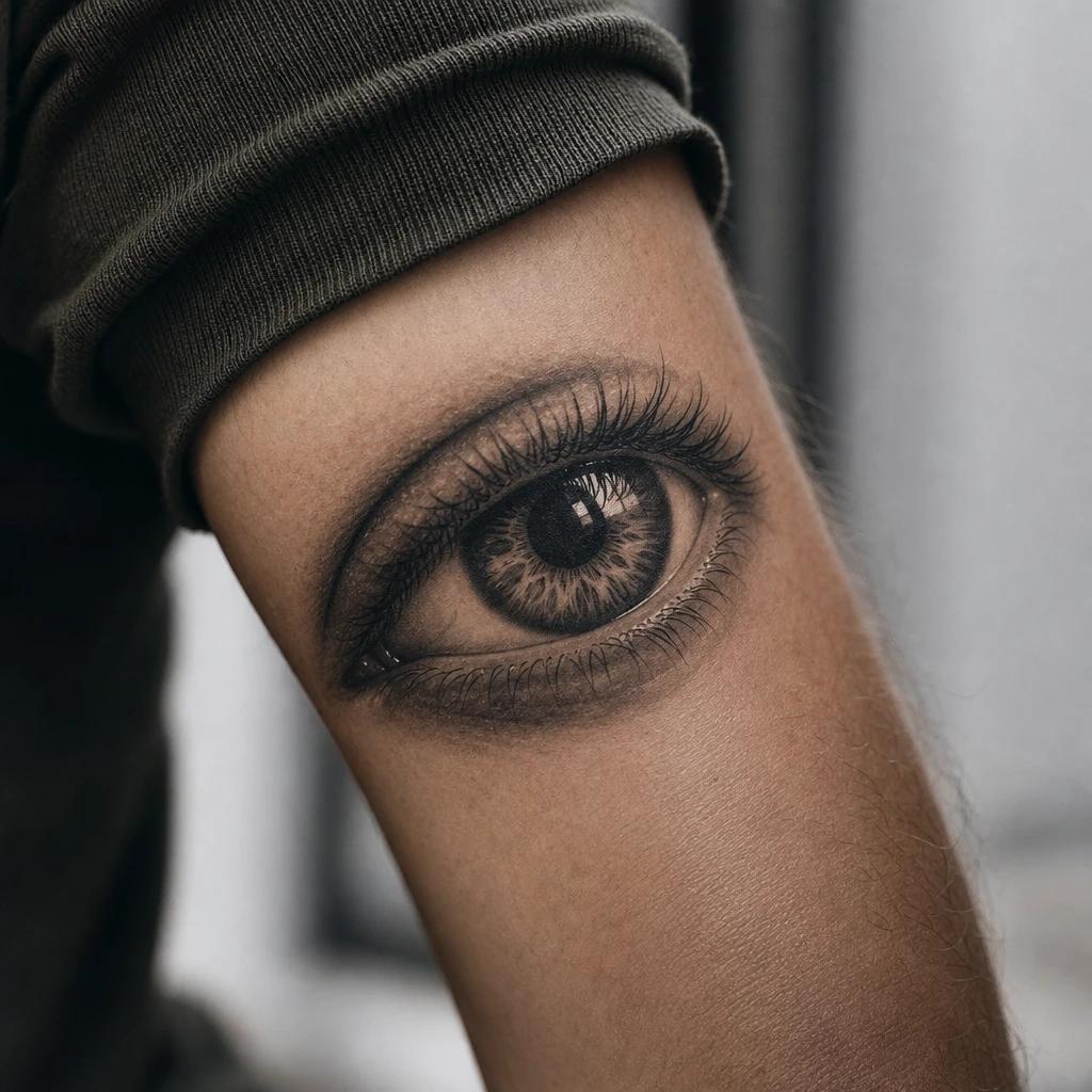 eye tattoo realistic black and grey eye, realistic photo on skin