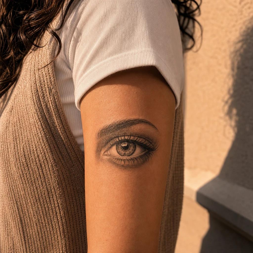 eye tattoo realistic black and grey eye, realistic photo on skin