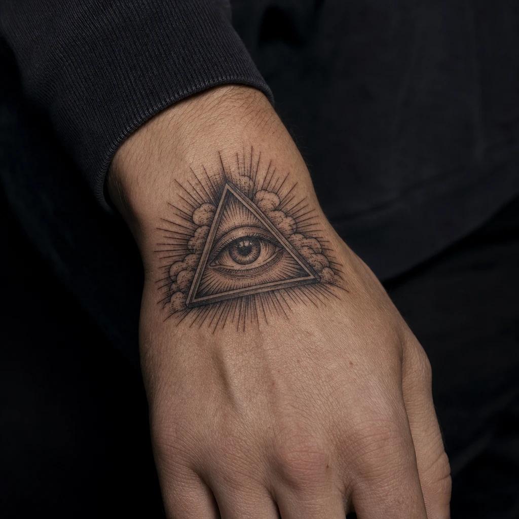 eye tattoo eye of providence, realistic photo on skin