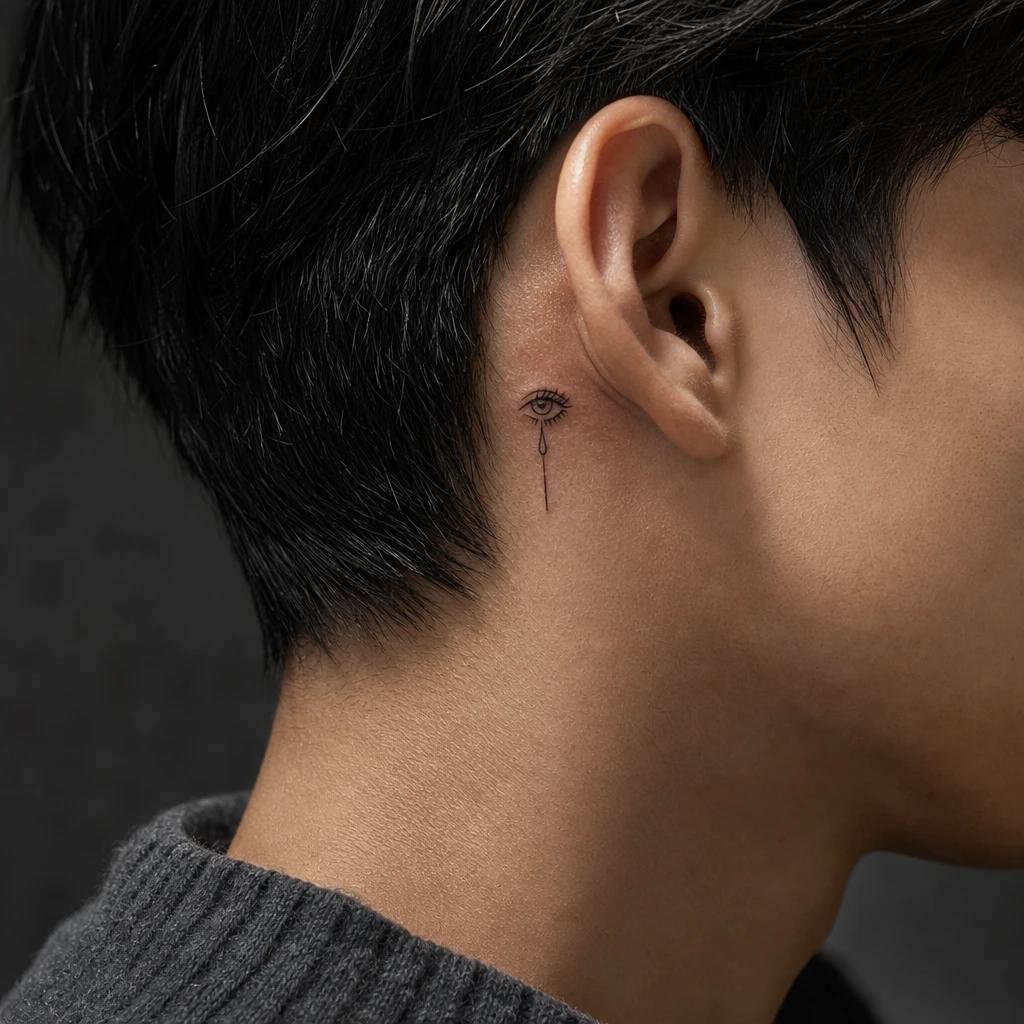 eye tattoo fine line eye and teardrop, realistic photo on skin