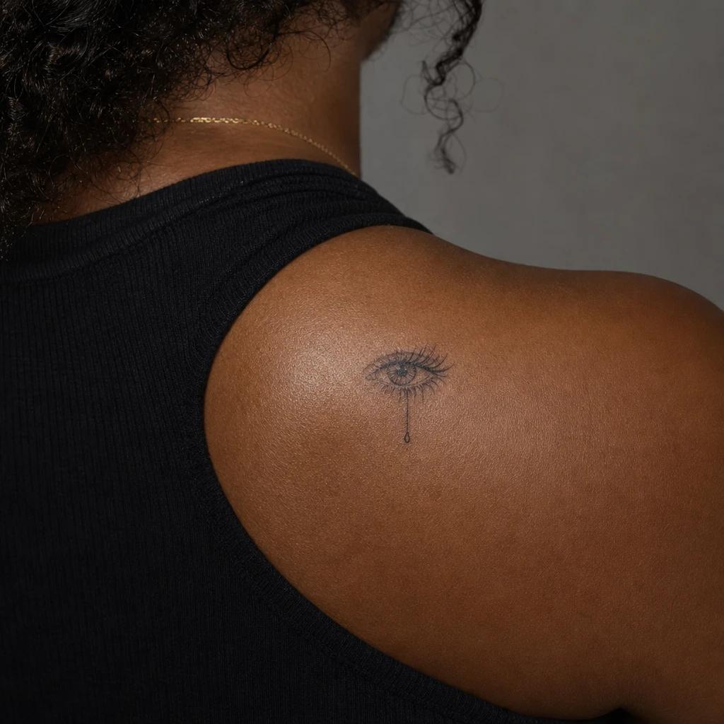 eye tattoo fine line eye and teardrop, realistic photo on skin