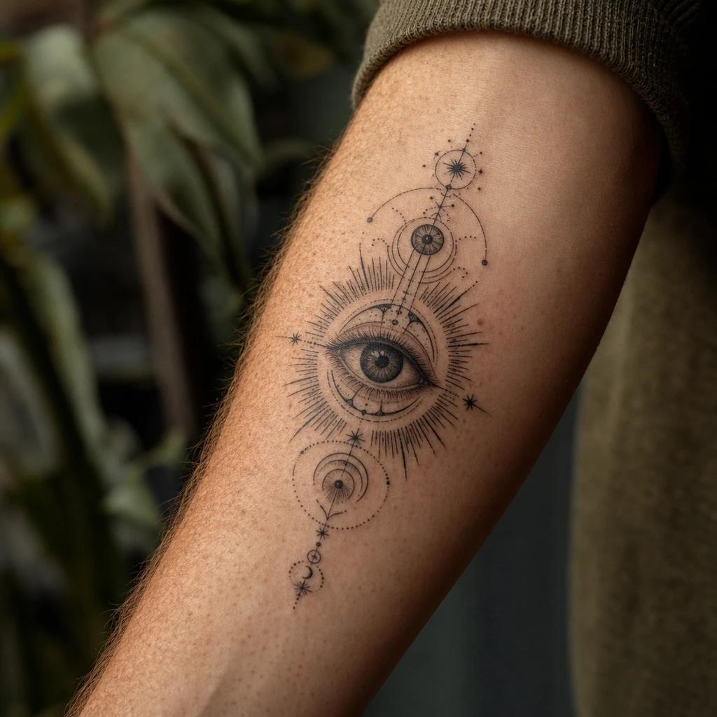 eye tattoo spiritual third eye, realistic photo on skin