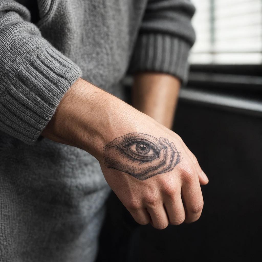 eye tattoo eye in a hand, realistic photo on skin