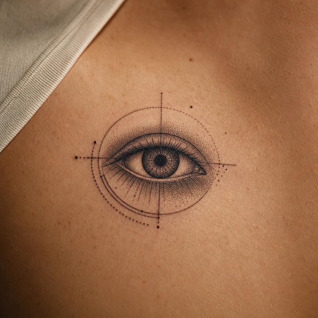 eye tattoo geometric dotwork eye, realistic photo on skin