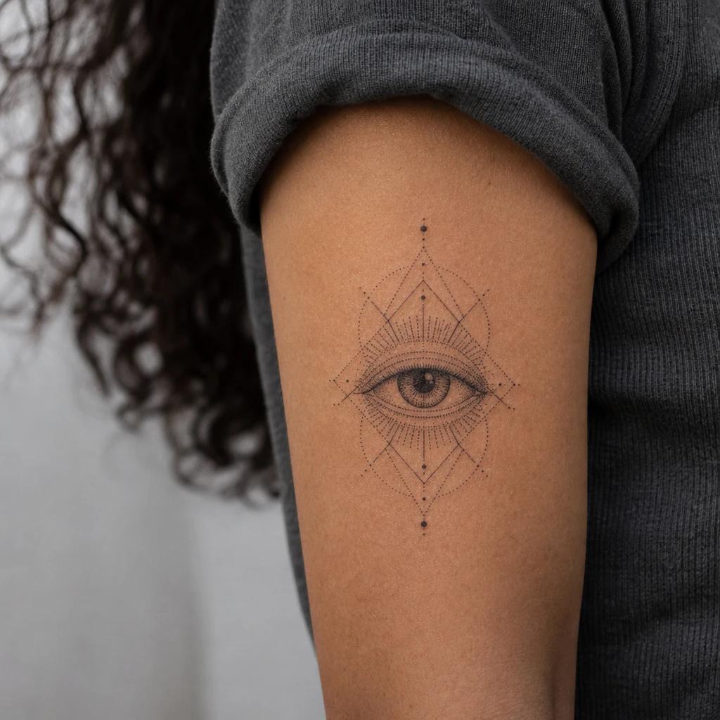 eye tattoo geometric dotwork eye, realistic photo on skin