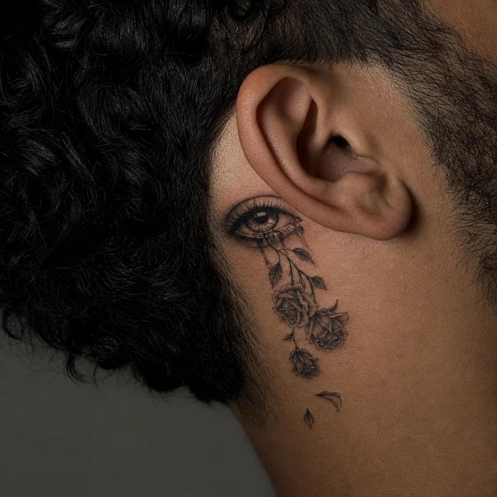 eye tattoo eye crying roses, realistic photo on skin