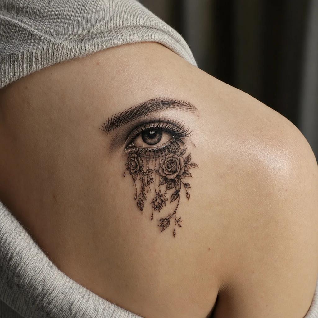 eye tattoo eye crying roses, realistic photo on skin