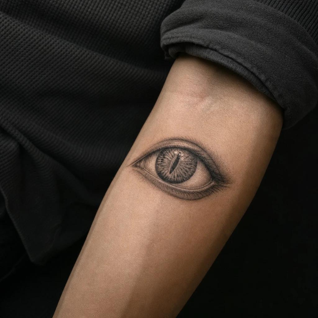 eye tattoo piercing cat eye, realistic photo on skin