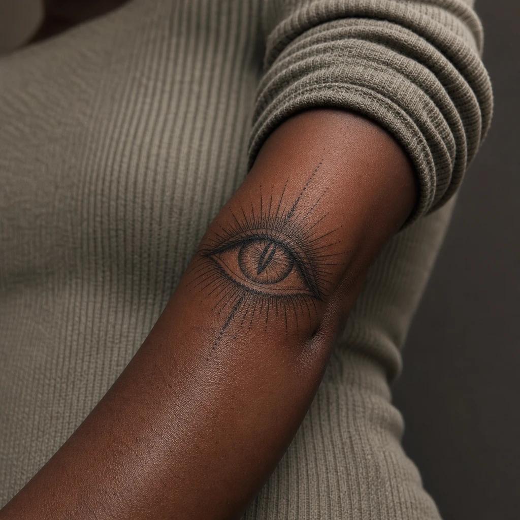 eye tattoo piercing cat eye, realistic photo on skin