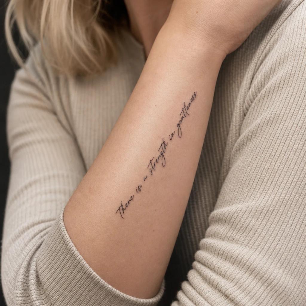 women's forearm tattoo handwritten quote, realistic photo on skin