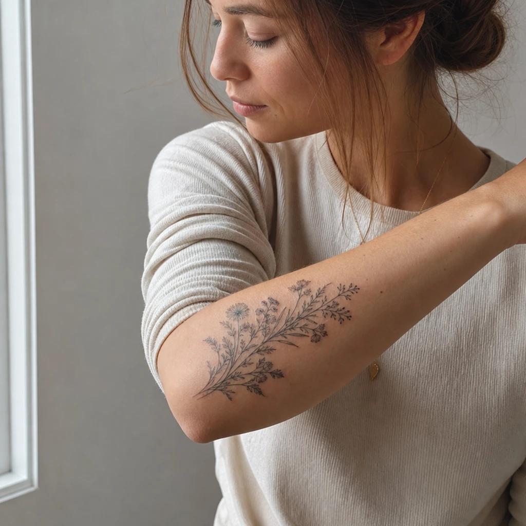 women's forearm tattoo wildflower bouquet, realistic photo on skin