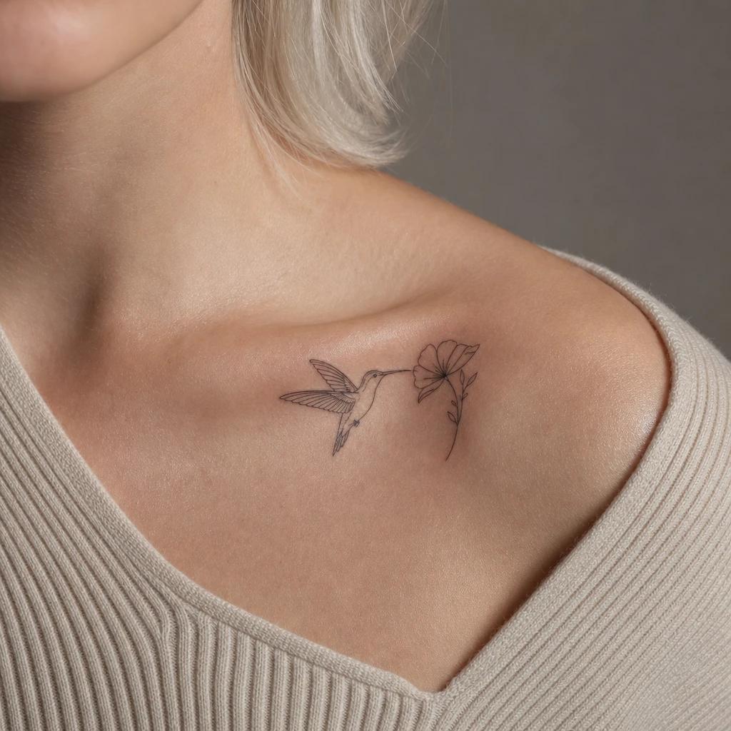 hummingbird tattoo hummingbird and flower in fine line, realistic photo on skin