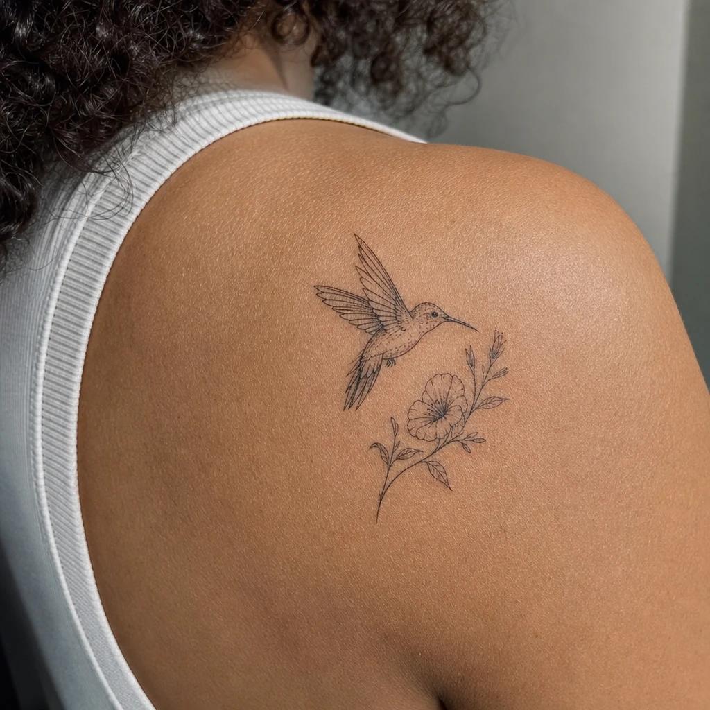 hummingbird tattoo hummingbird and flower in fine line, realistic photo on skin