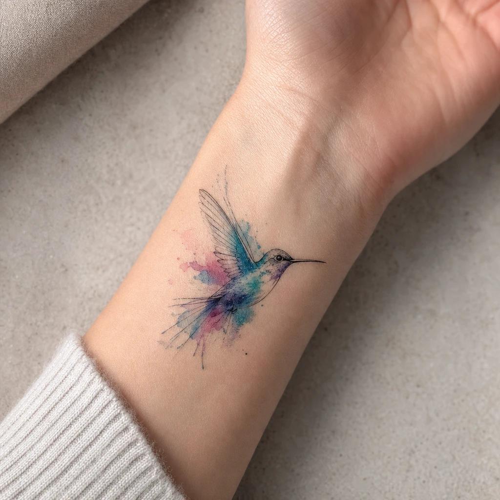 hummingbird tattoo watercolor hummingbird, realistic photo on skin