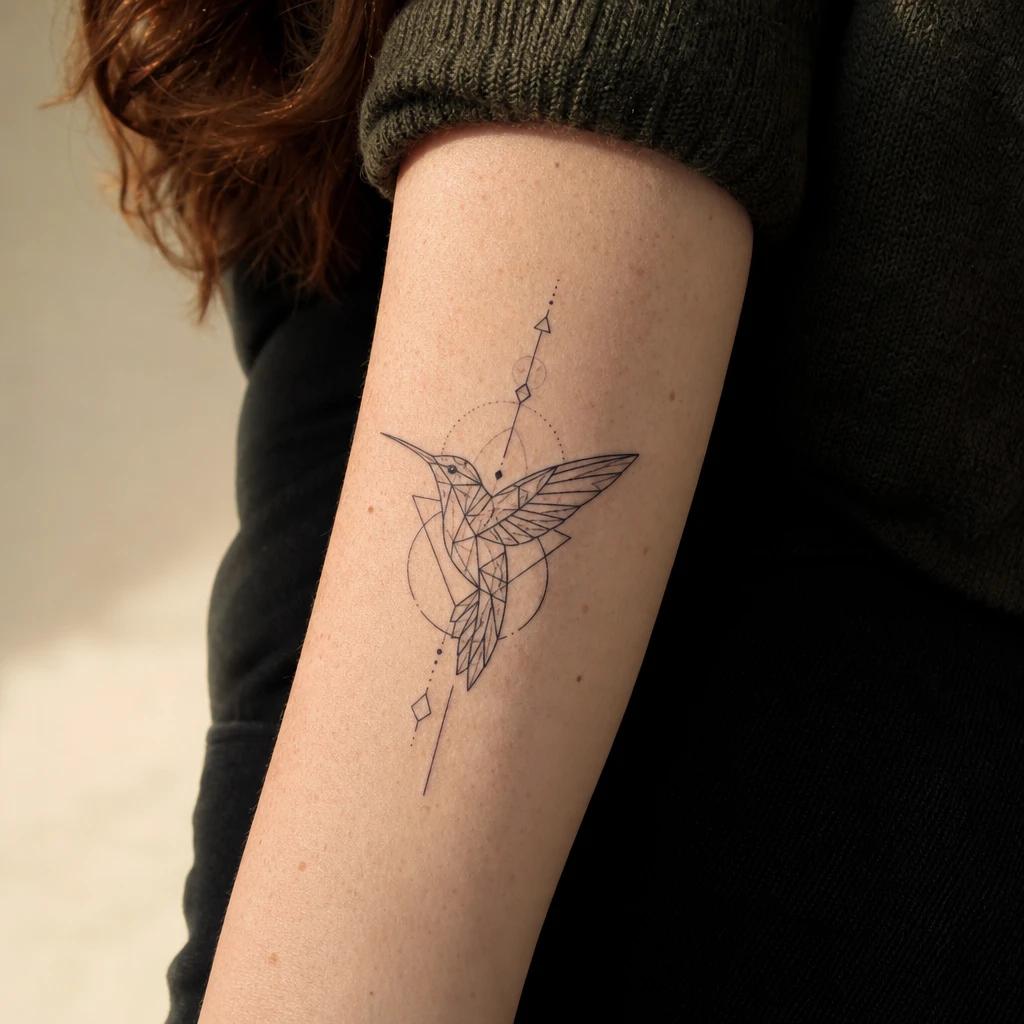 hummingbird tattoo geometric hummingbird, realistic photo on skin