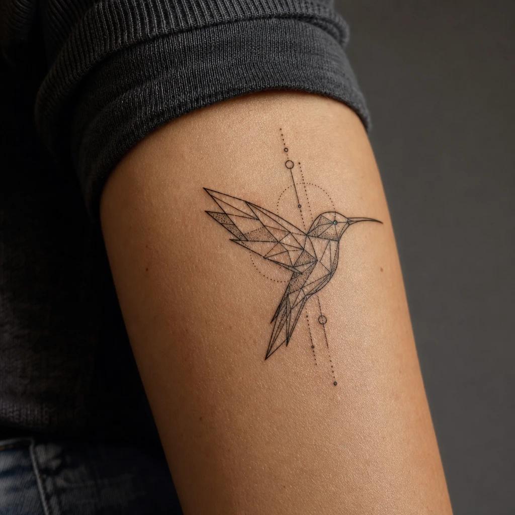 hummingbird tattoo geometric hummingbird, realistic photo on skin