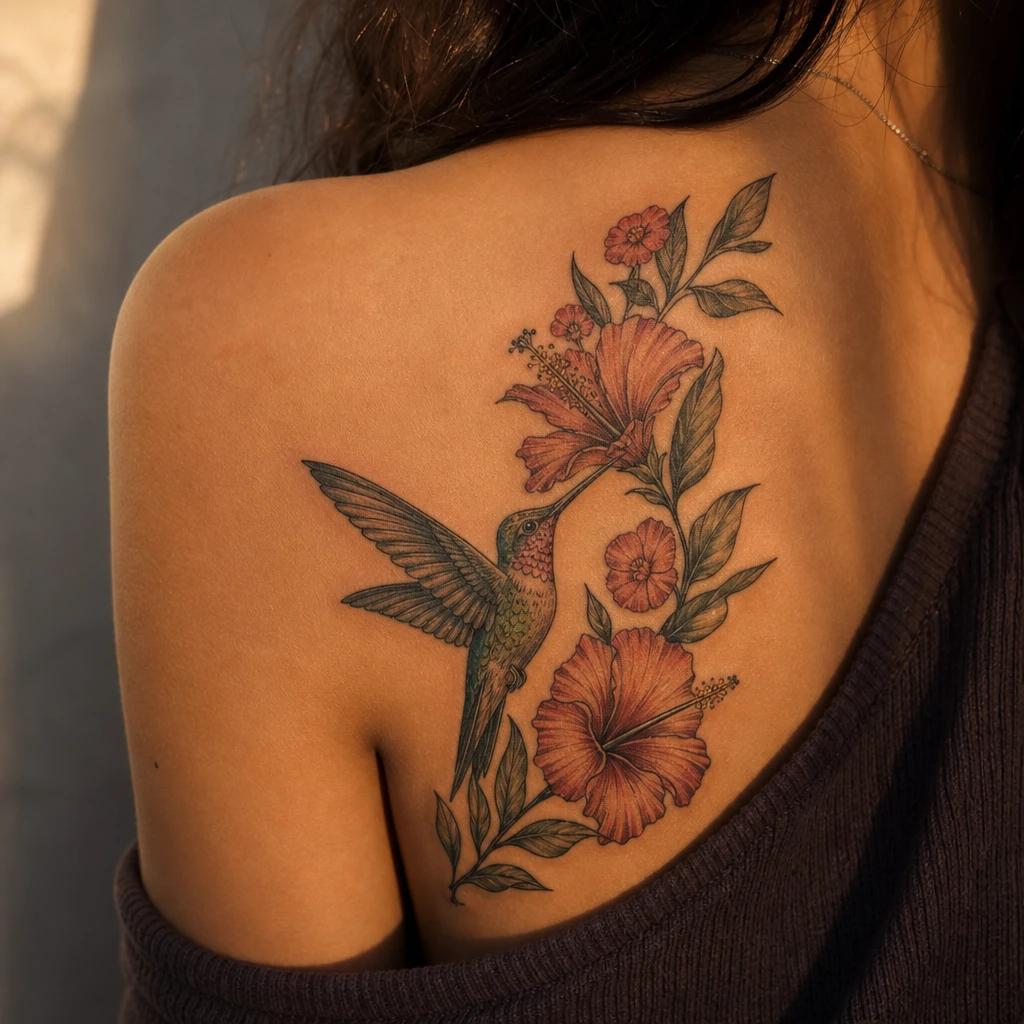 hummingbird tattoo neo-traditional hummingbird and flowers, realistic photo on skin