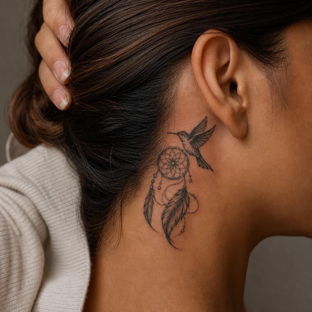 hummingbird tattoo hummingbird and dreamcatcher, realistic photo on skin