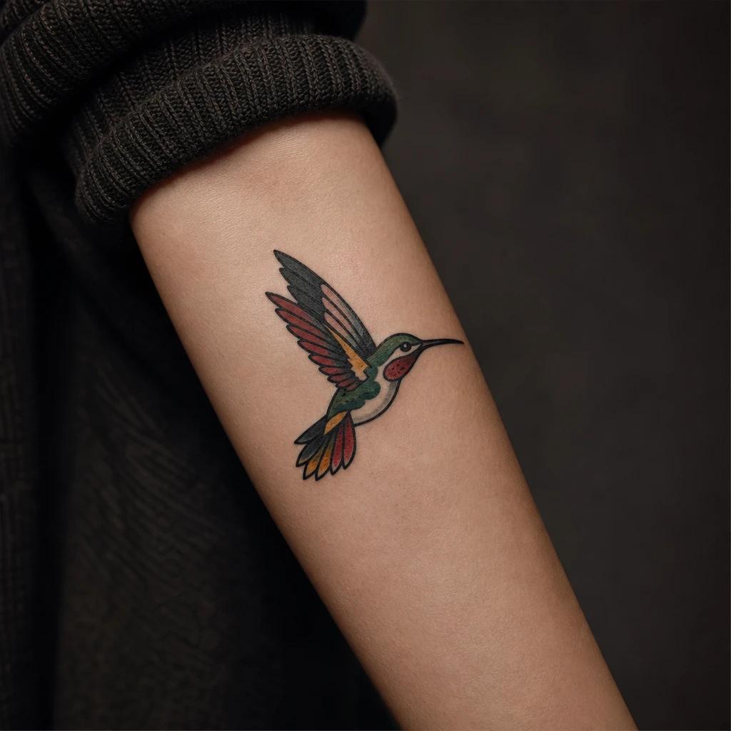 hummingbird tattoo old school hummingbird, realistic photo on skin