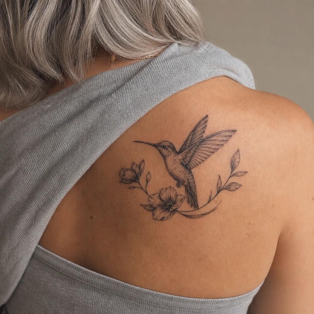 hummingbird tattoo tribute hummingbird with a name, realistic photo on skin