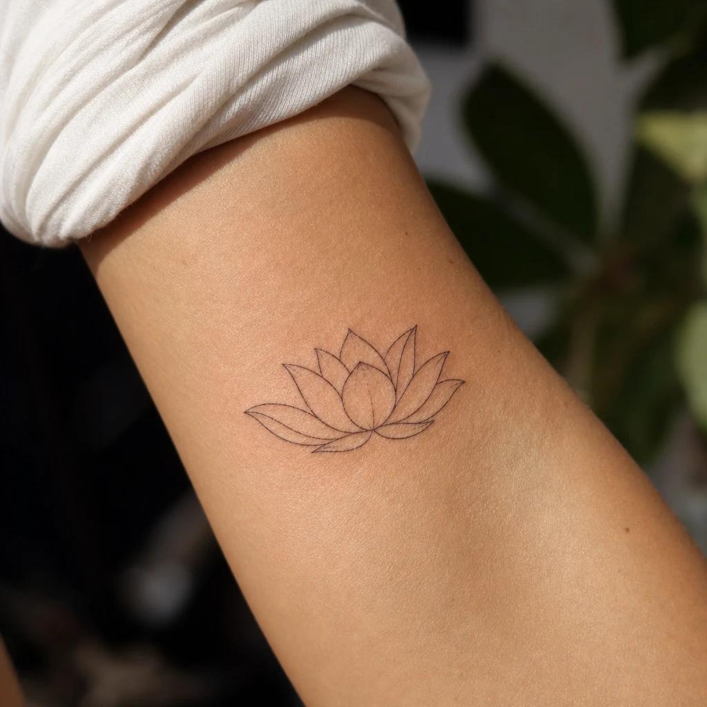 lotus flower tattoo minimalist fine line lotus, realistic photo on skin
