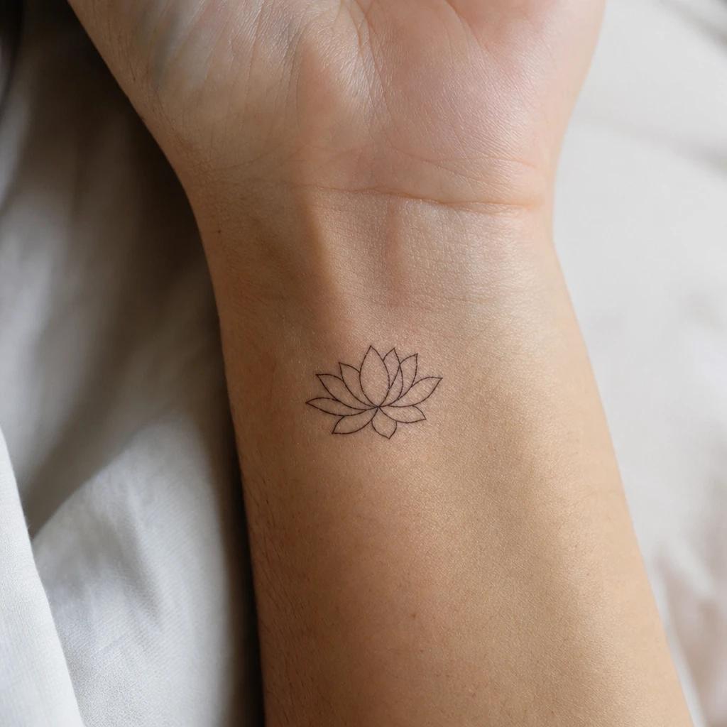 lotus flower tattoo minimalist fine line lotus, realistic photo on skin