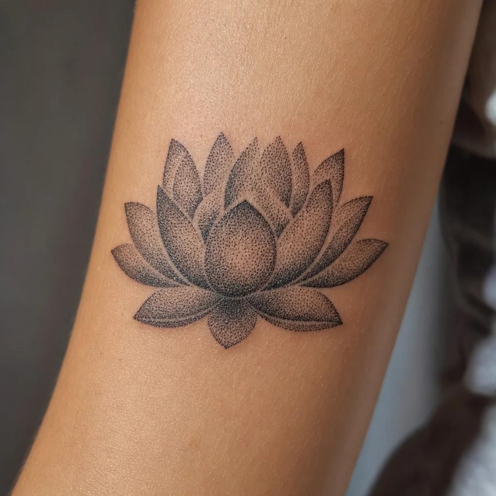 lotus flower tattoo dotwork stippling lotus, realistic photo on skin