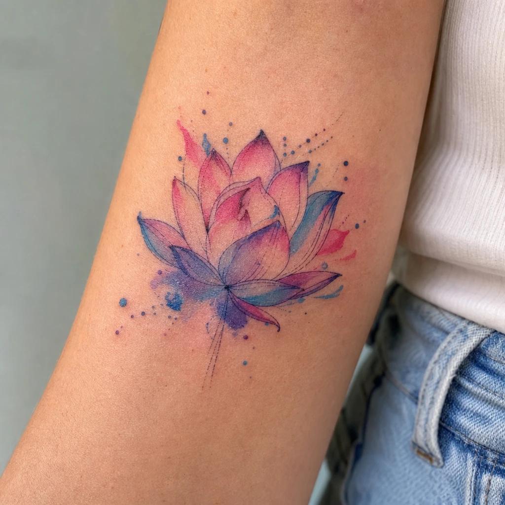 lotus flower tattoo watercolor lotus, realistic photo on skin