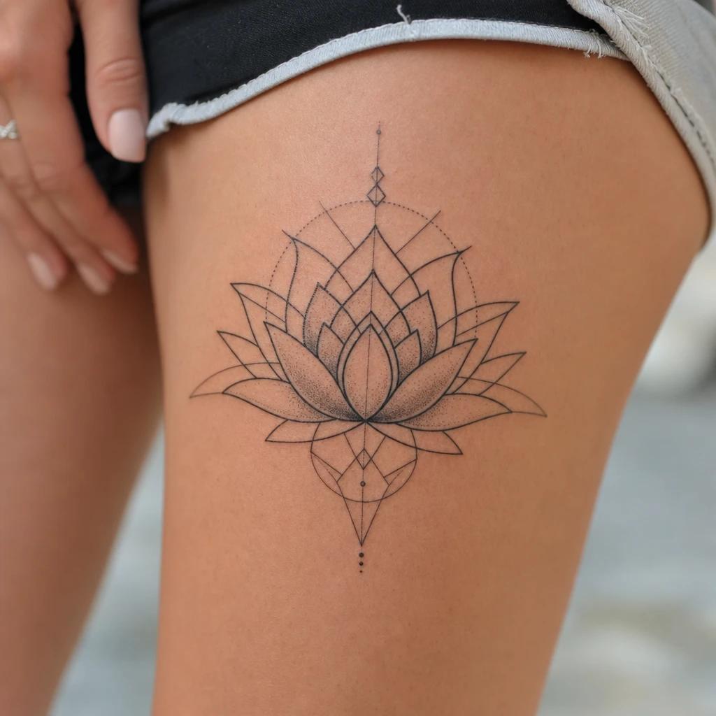 lotus flower tattoo geometric lotus, realistic photo on skin