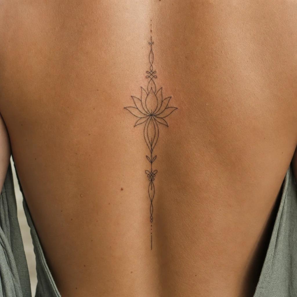 lotus flower tattoo spine lotus, realistic photo on skin