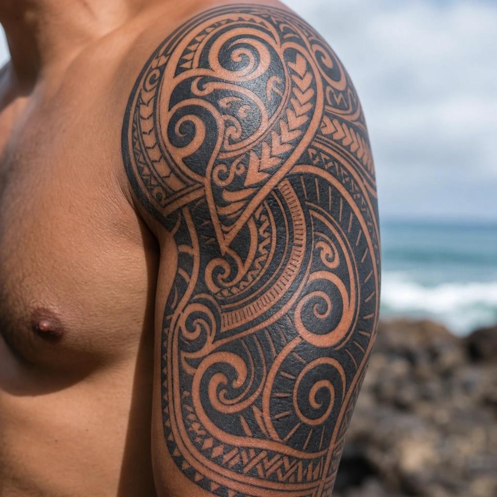 maori tattoo manaia spiritual guardian, realistic photo on skin