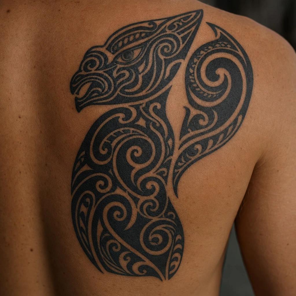 maori tattoo manaia spiritual guardian, realistic photo on skin