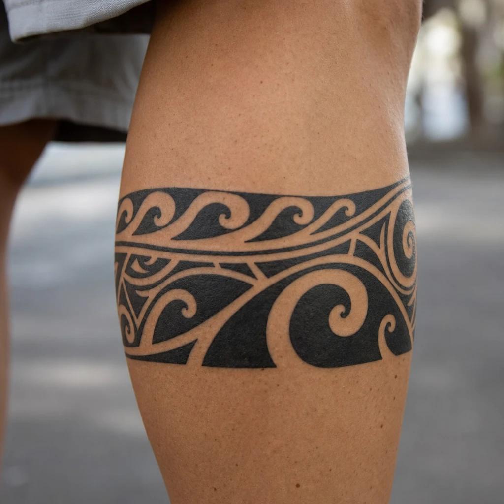 maori tattoo waves and spirals on the calf, realistic photo on skin
