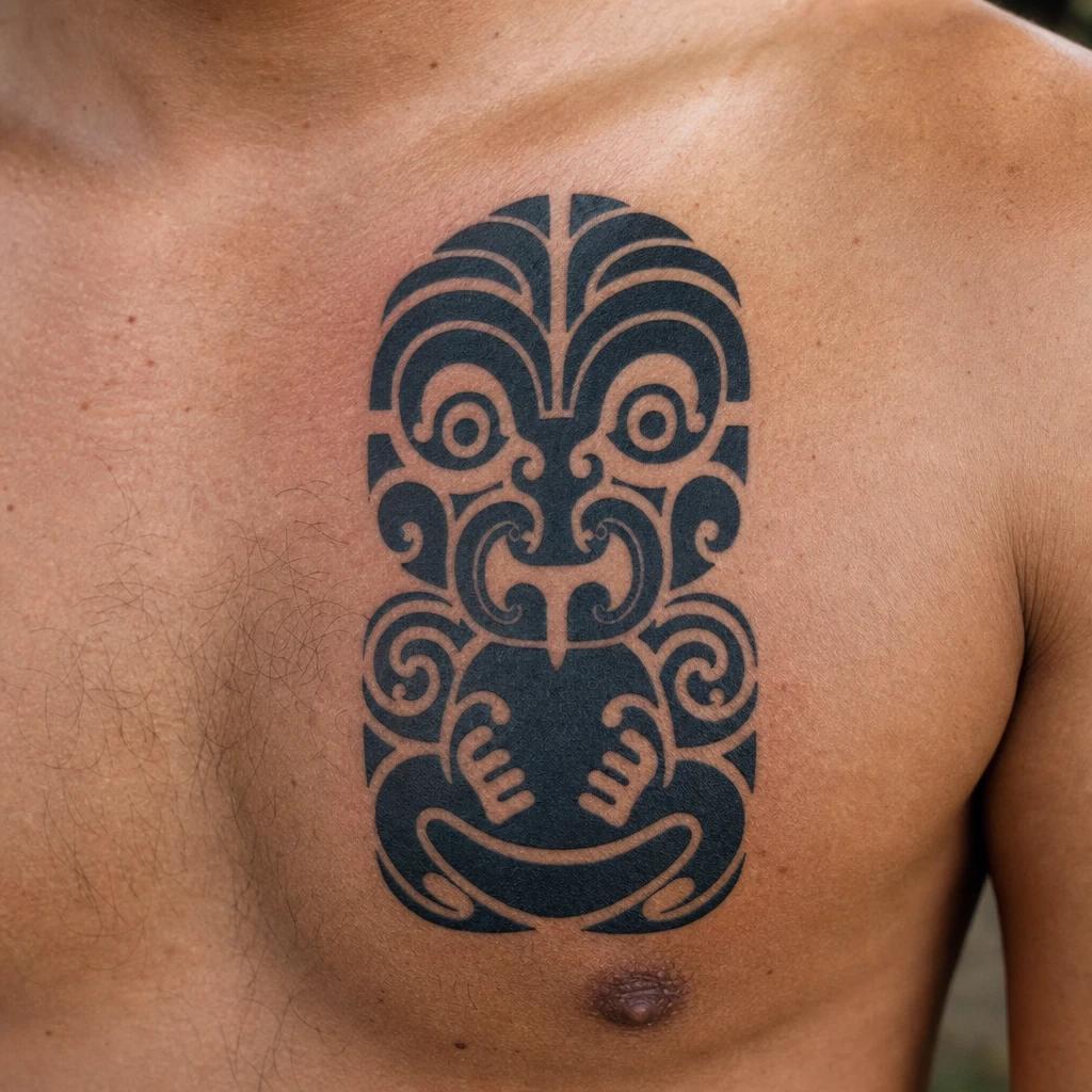 maori tattoo protective maori tiki, realistic photo on skin