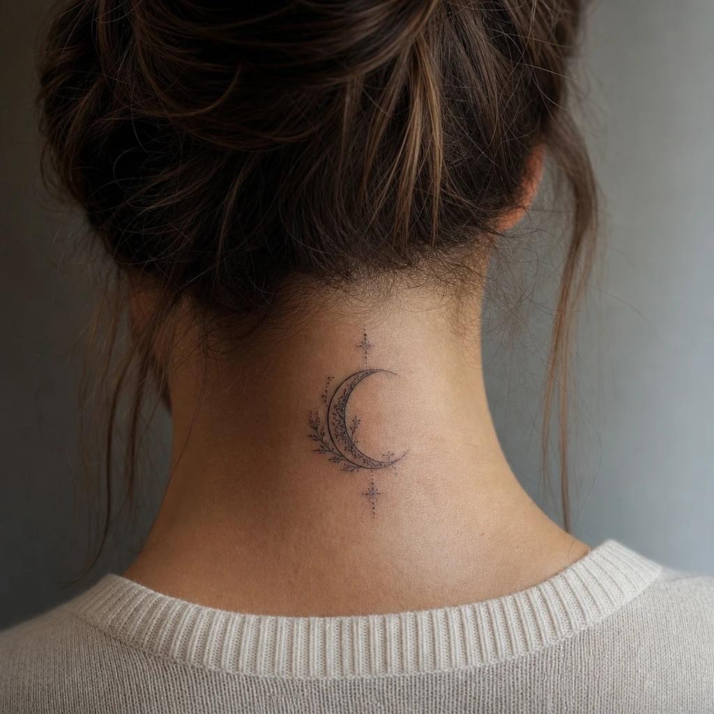 nape (women) tattoo crescent moon at the nape, realistic photo on skin