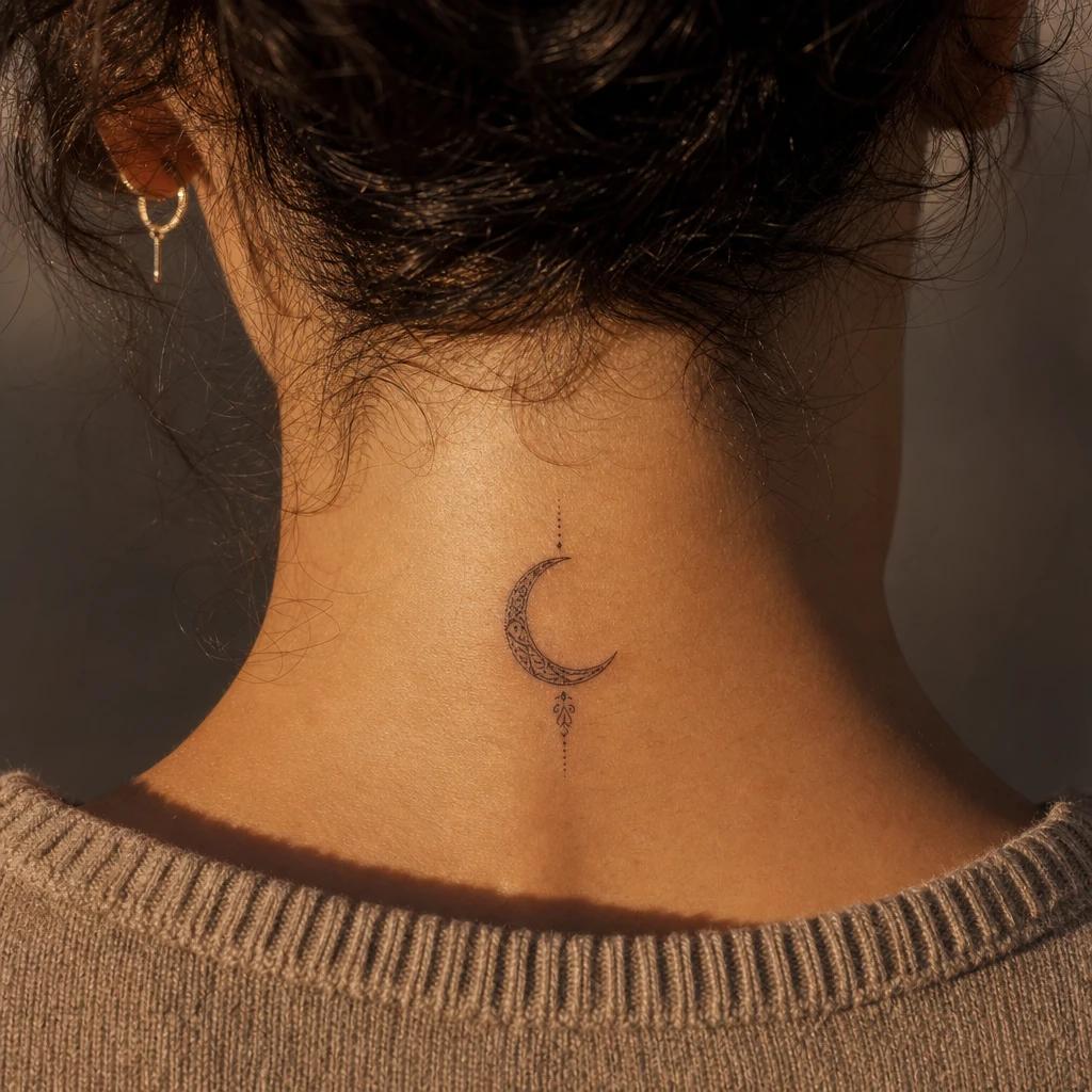 nape (women) tattoo crescent moon at the nape, realistic photo on skin