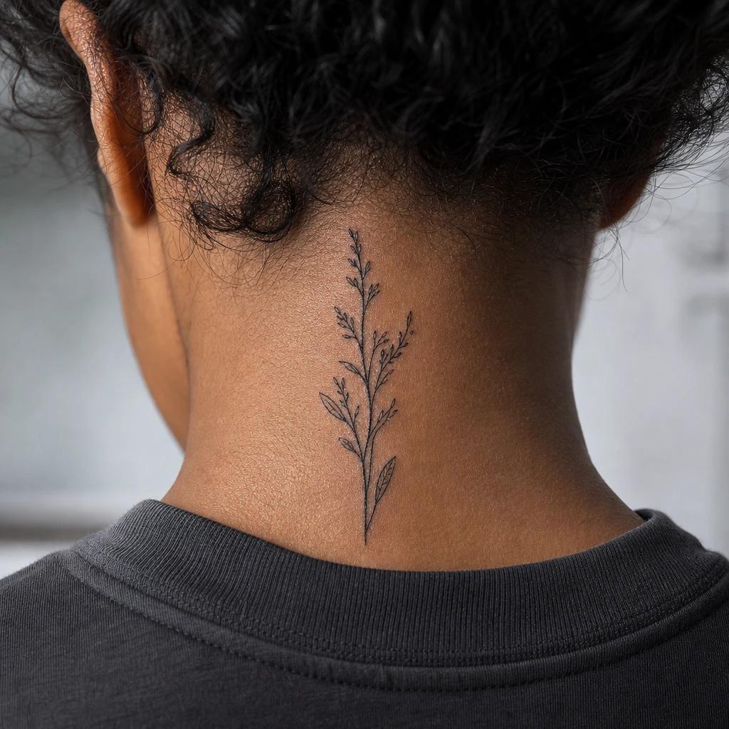 nape (women) tattoo vertical botanical sprig, realistic photo on skin