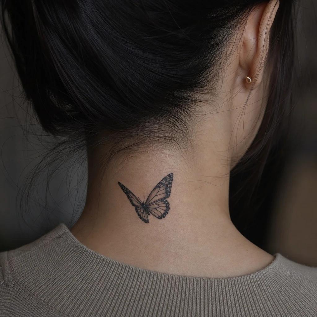 nape (women) tattoo butterfly in flight, realistic photo on skin