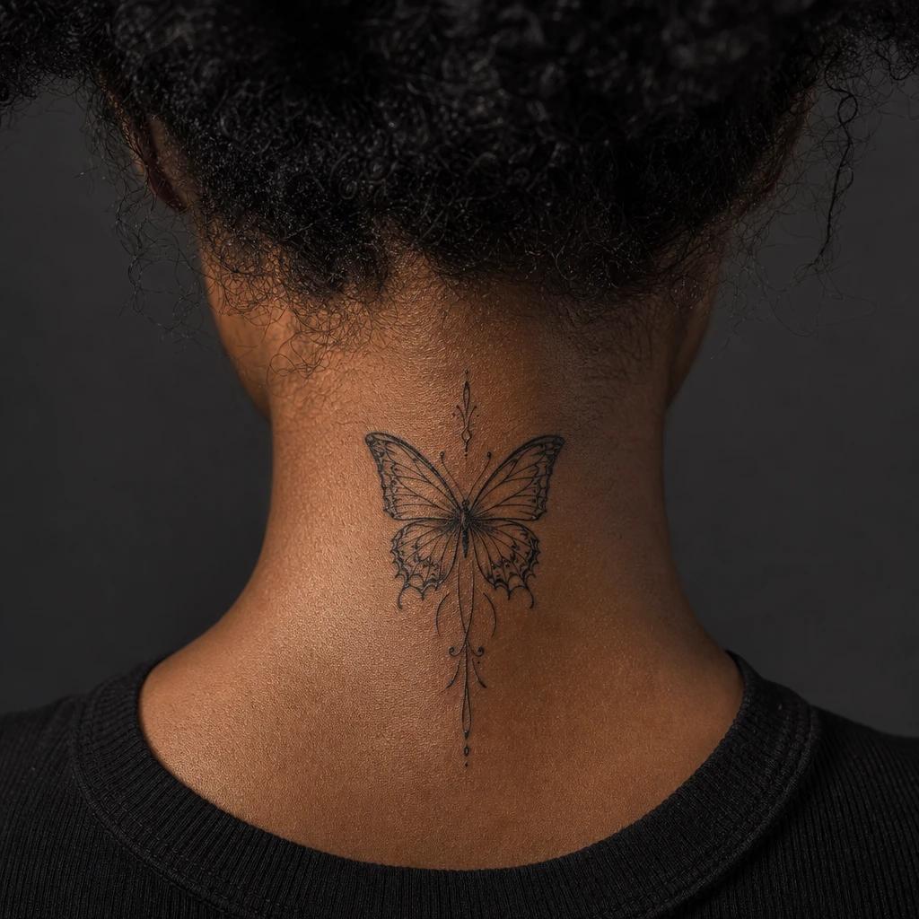 nape (women) tattoo butterfly in flight, realistic photo on skin