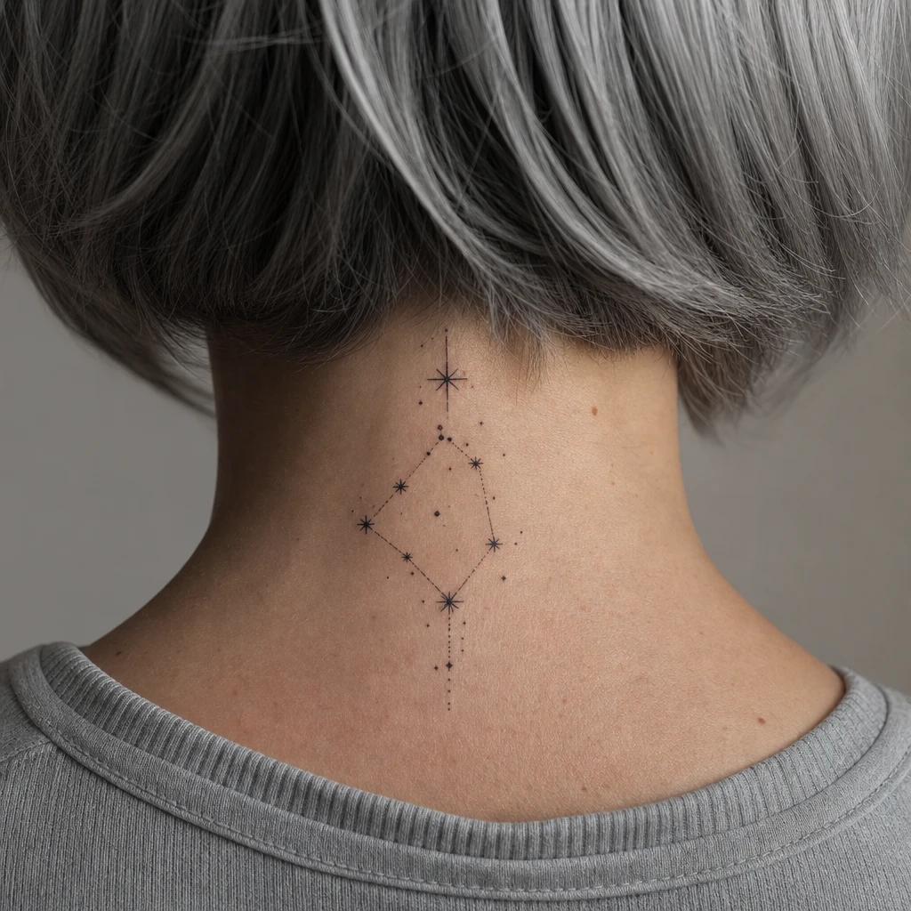 nape (women) tattoo cervical constellation, realistic photo on skin