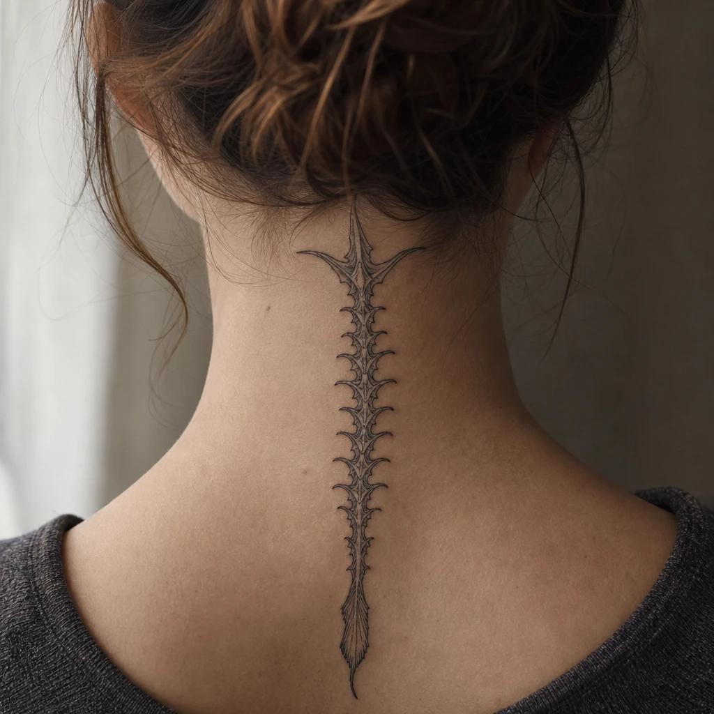 nape (women) tattoo slim snake down the spine, realistic photo on skin