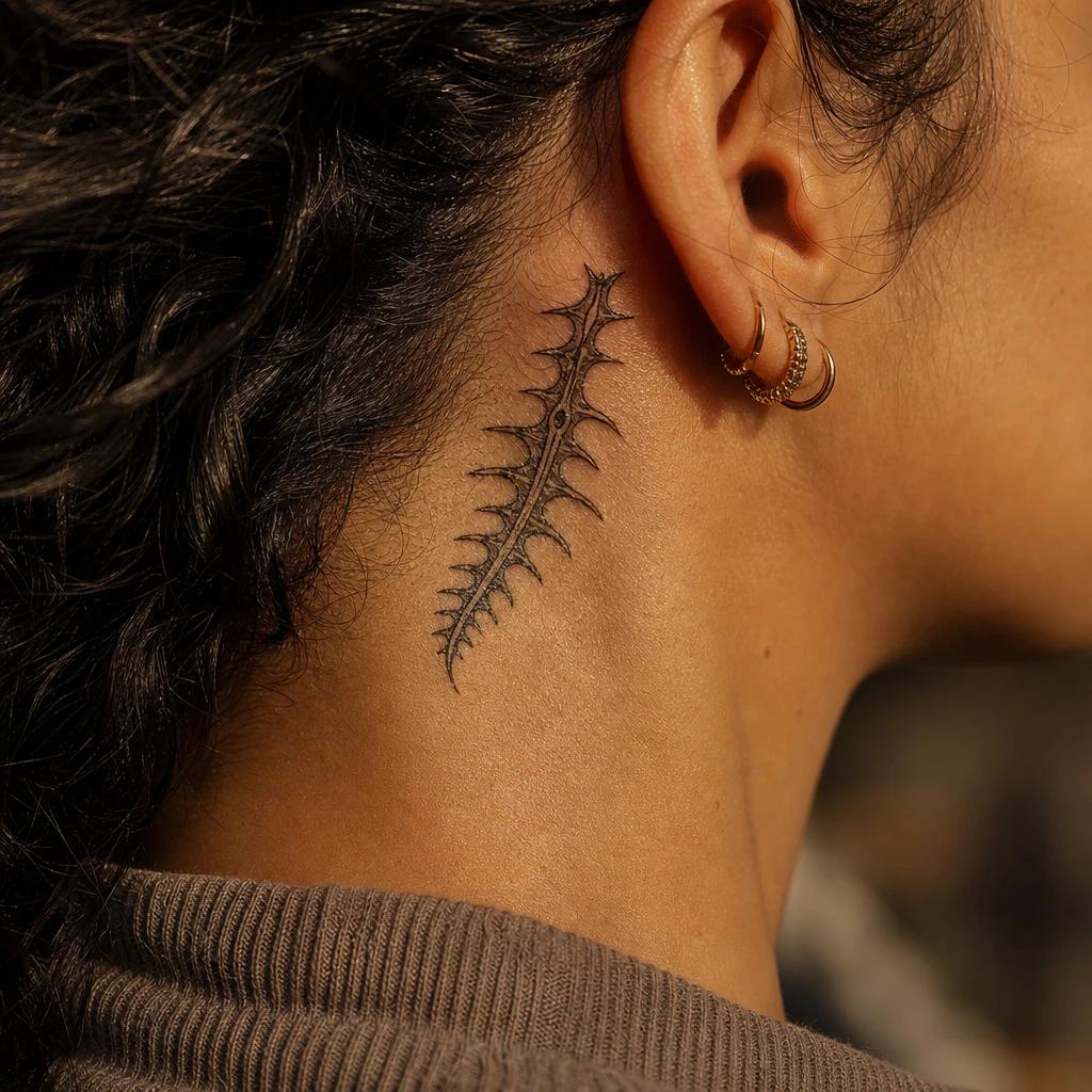 nape (women) tattoo slim snake down the spine, realistic photo on skin