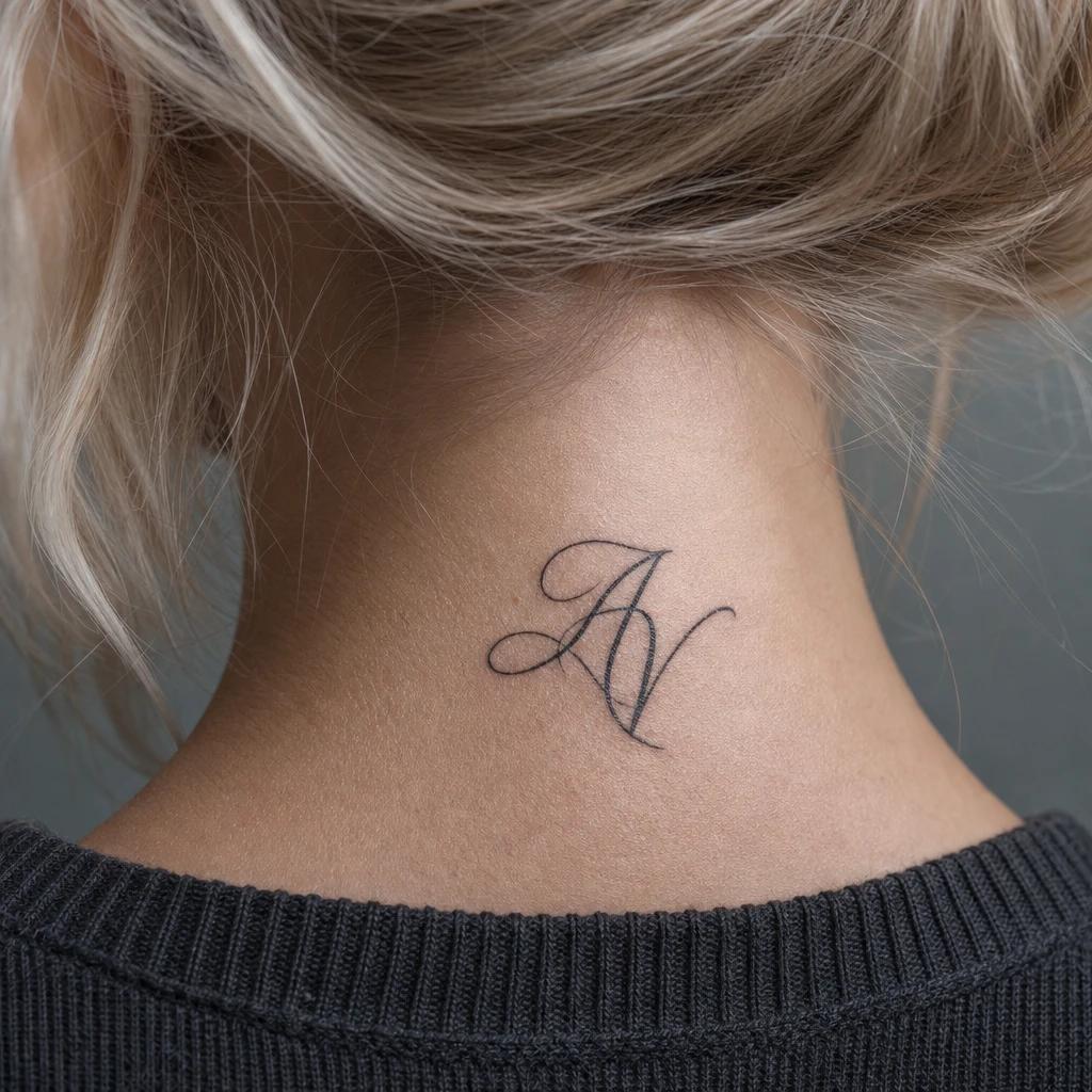 nape (women) tattoo calligraphed initial, realistic photo on skin