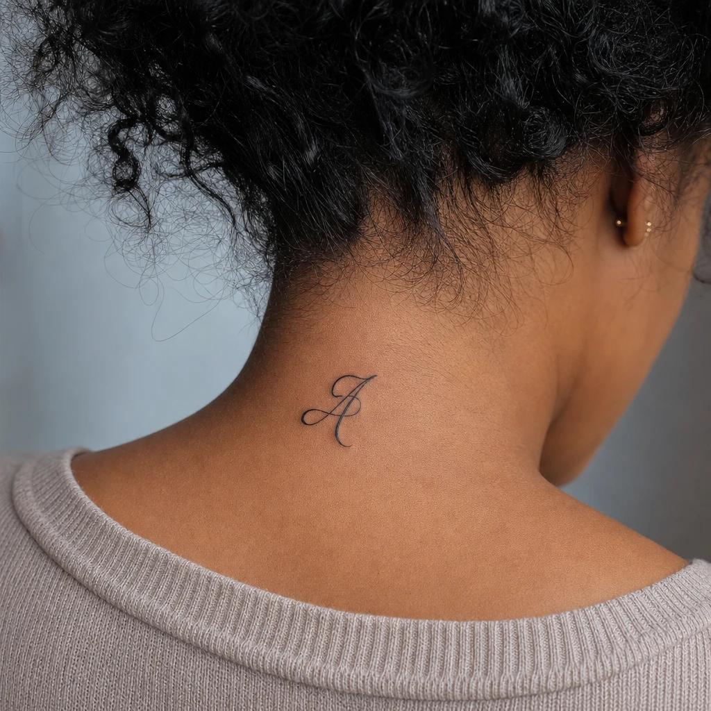 nape (women) tattoo calligraphed initial, realistic photo on skin