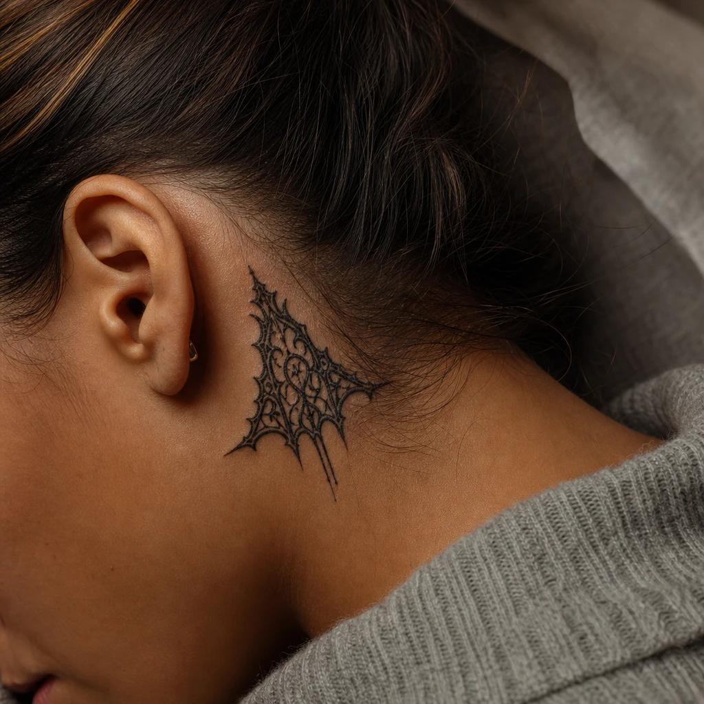 nape (women) tattoo gothic lace ornament, realistic photo on skin