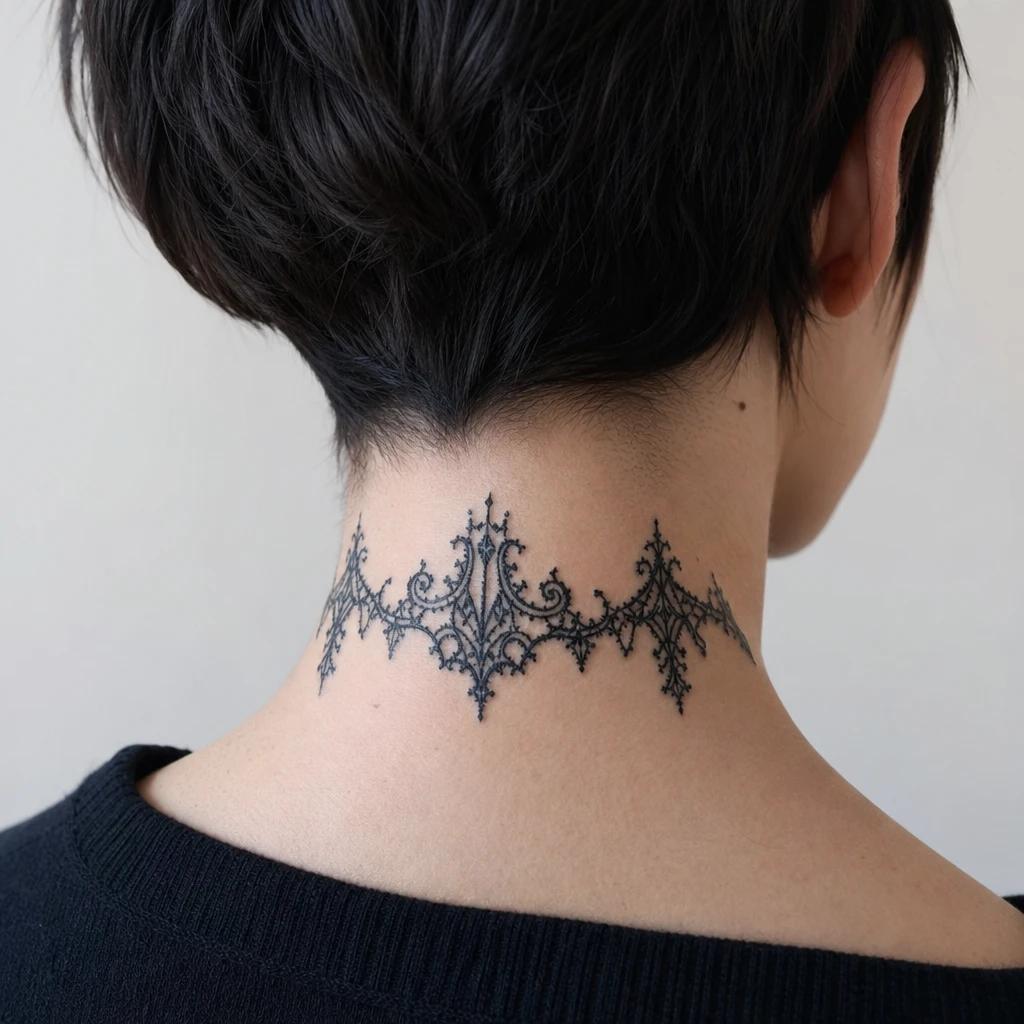 nape (women) tattoo gothic lace ornament, realistic photo on skin