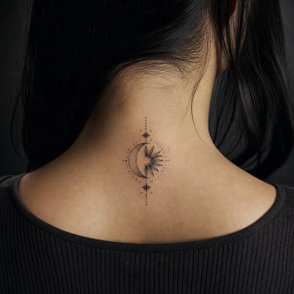nape (women) tattoo dotwork sun and moon, realistic photo on skin